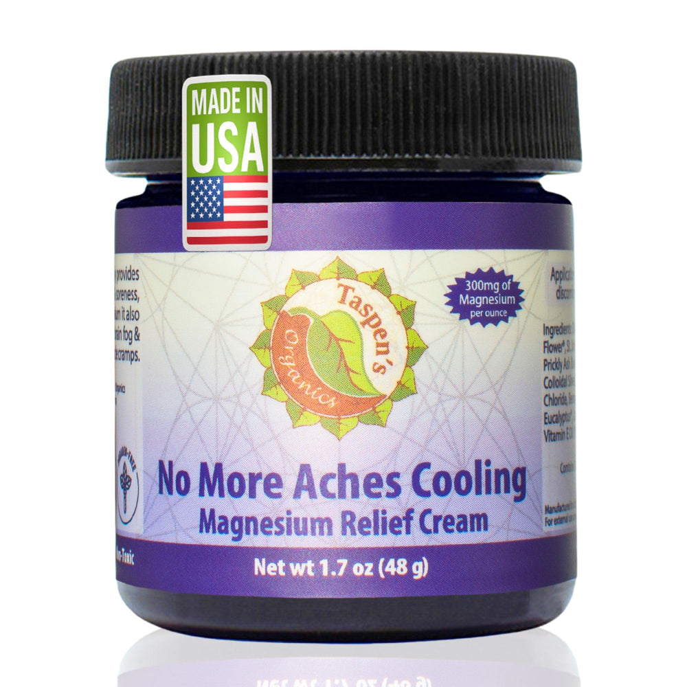 Taspen's Organics Magnesium No More Aches Cream bottle for cooling relief after workouts.