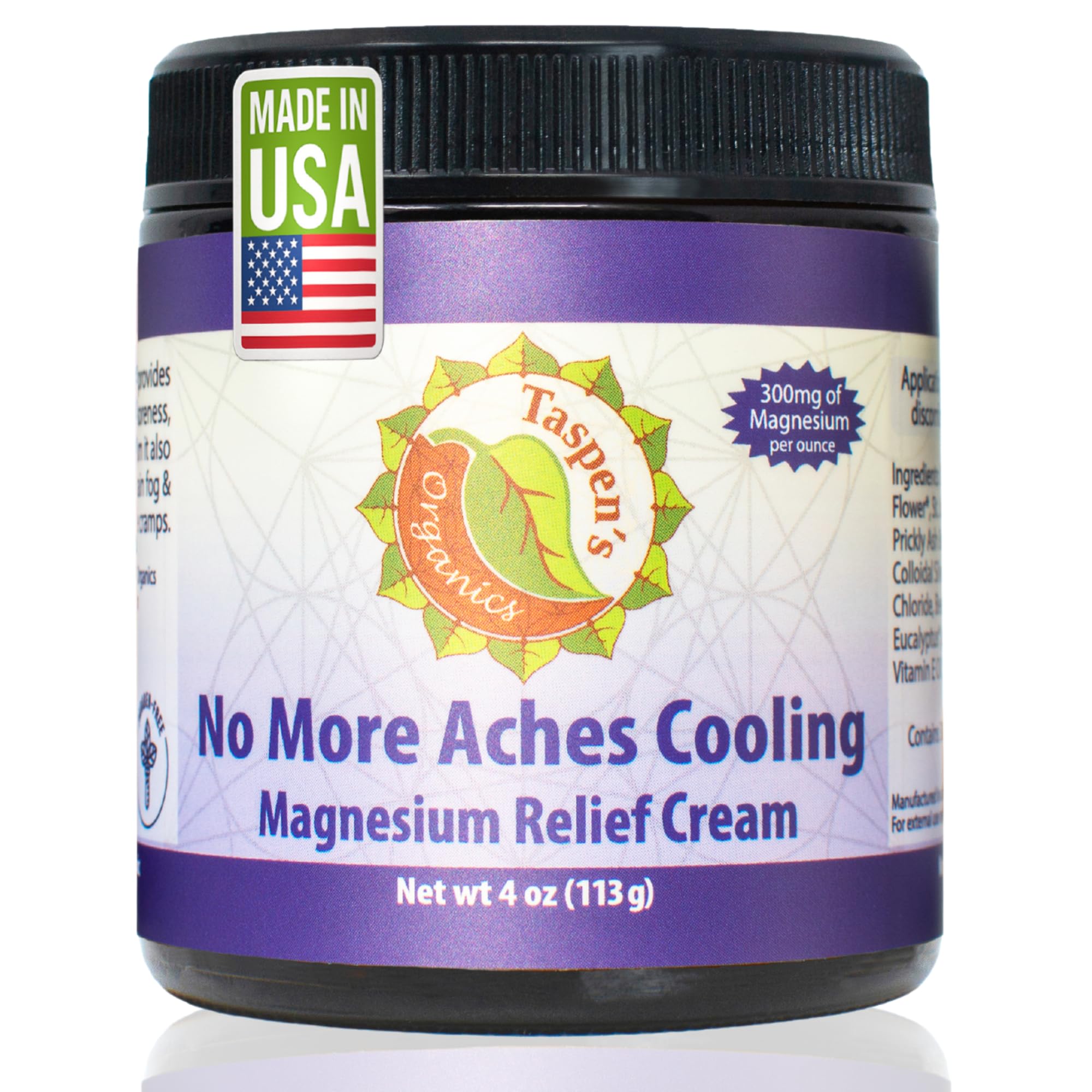 Taspen's Organics magnesium no more aches cream jar with post-workout relief