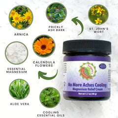 Taspen's Organics Magnesium No More Aches Cream label highlighting ingredients and benefits.