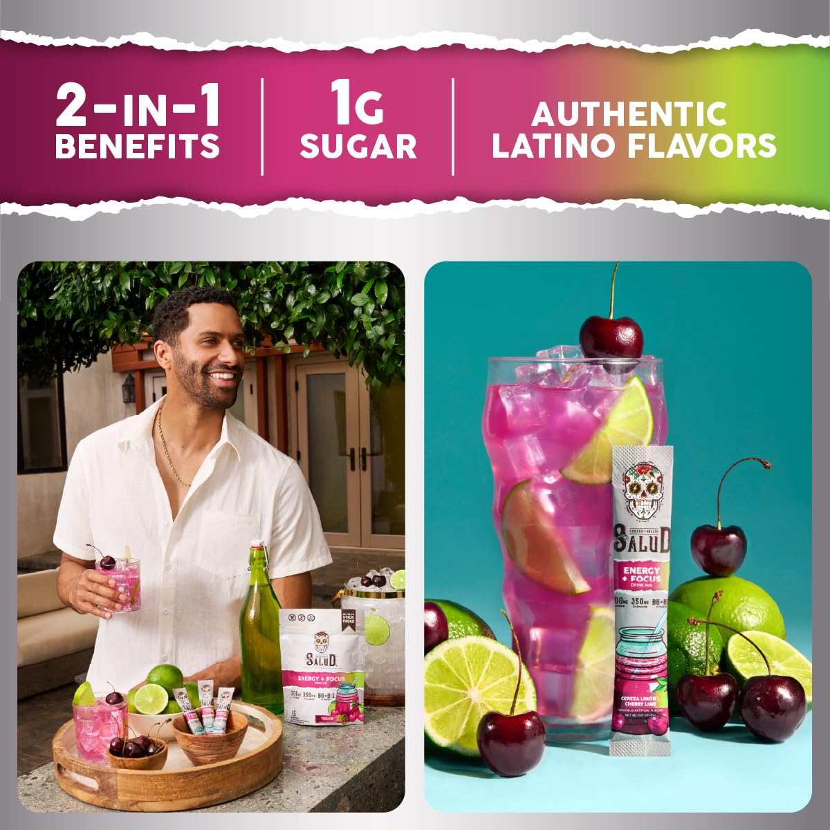 Taste Salud Agua Fresca mixer powder shown with a glass, refreshing energy drink