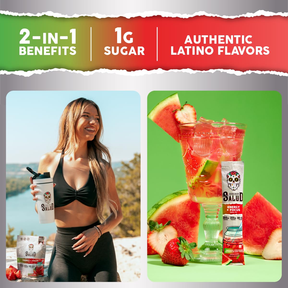 Taste Salud agua fresca mix turns water into a refreshing, low-sugar strawberry watermelon drink.