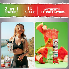 Taste Salud agua fresca mix turns water into a refreshing, low-sugar strawberry watermelon drink.