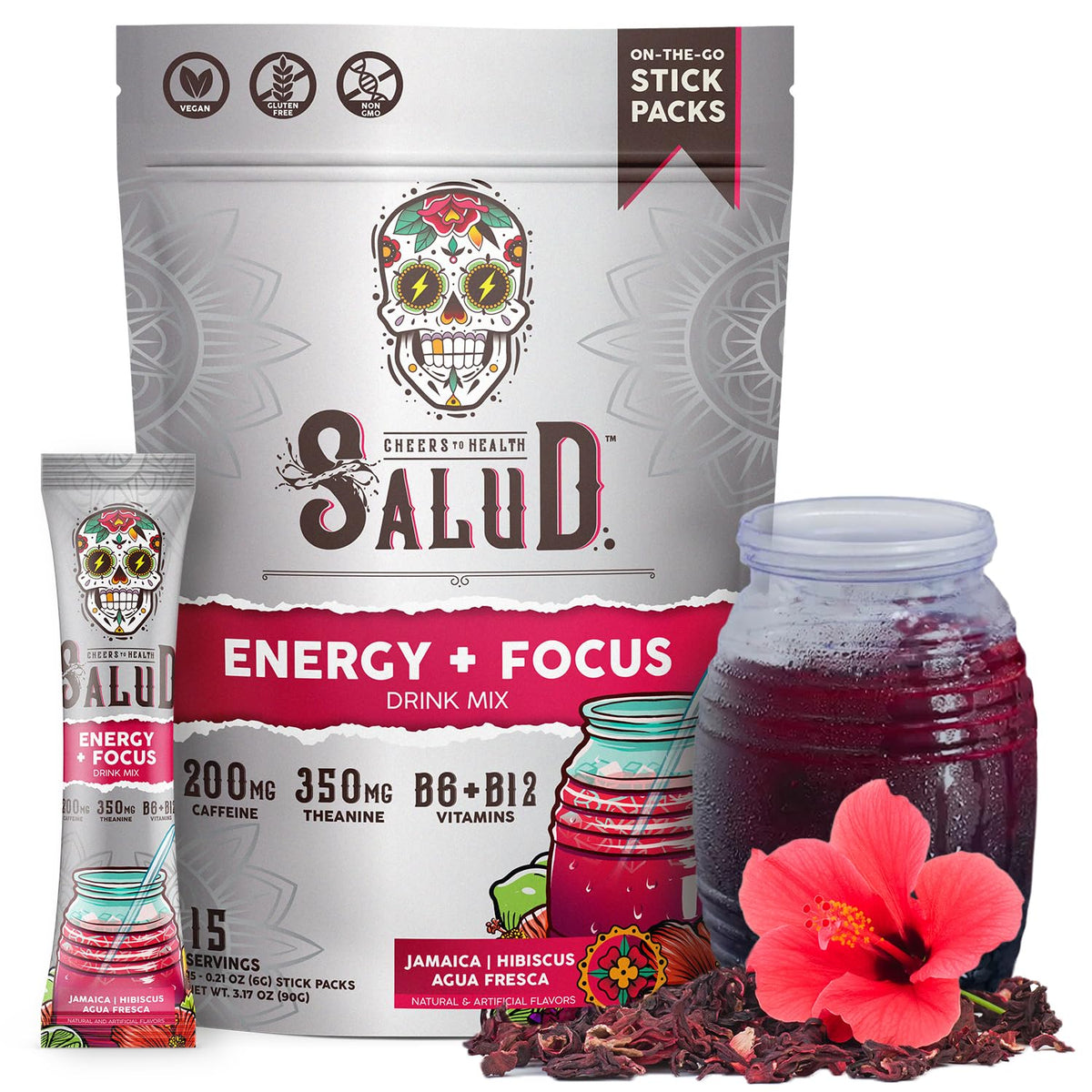 Taste Salud energy powder being poured for quick, clean energy on the go