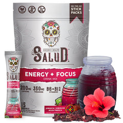 Taste Salud energy powder being poured for quick, clean energy on the go