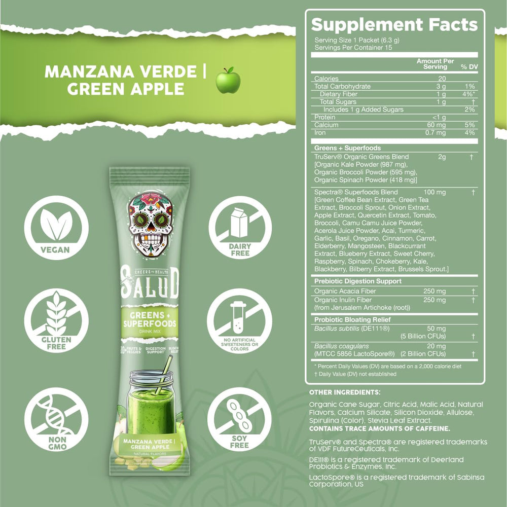 Taste Salud green apple flavor packet close-up showing mixability and taste.