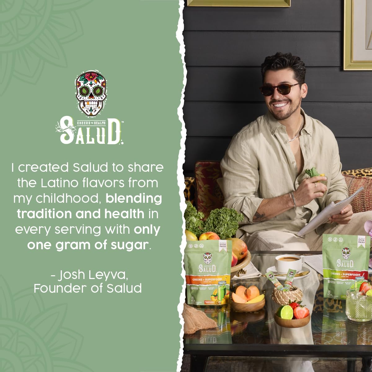 Taste Salud on-the-go mix dissolving in glass for quick daily use.