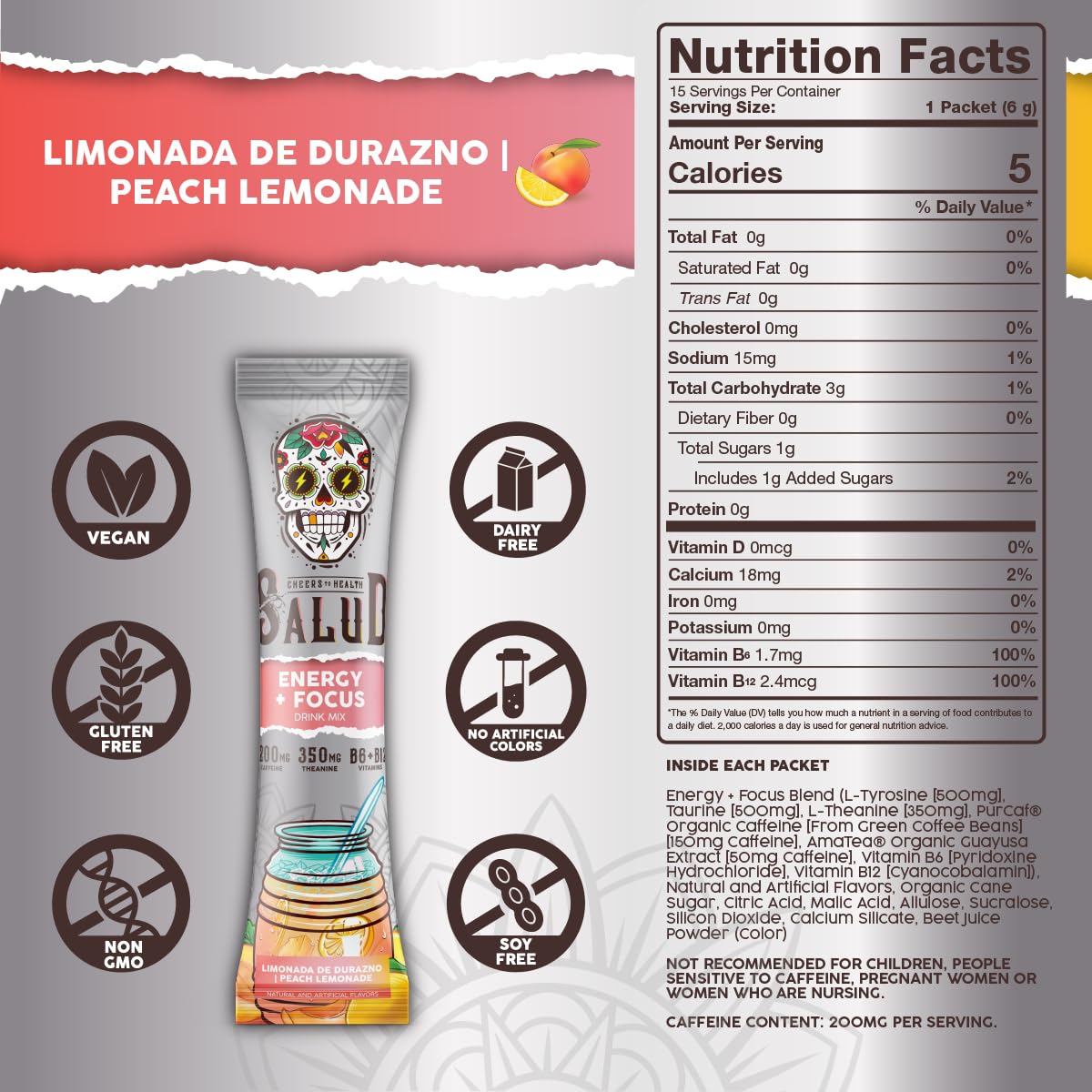 Taste Salud peach-lemonade powder pack ready to mix for a tasty boost.