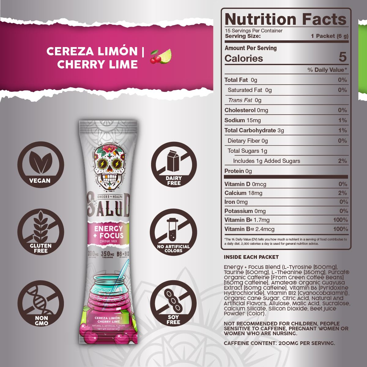 Taste Salud PurCaf and AmaTea caffeine sources on label, promoting balanced energy
