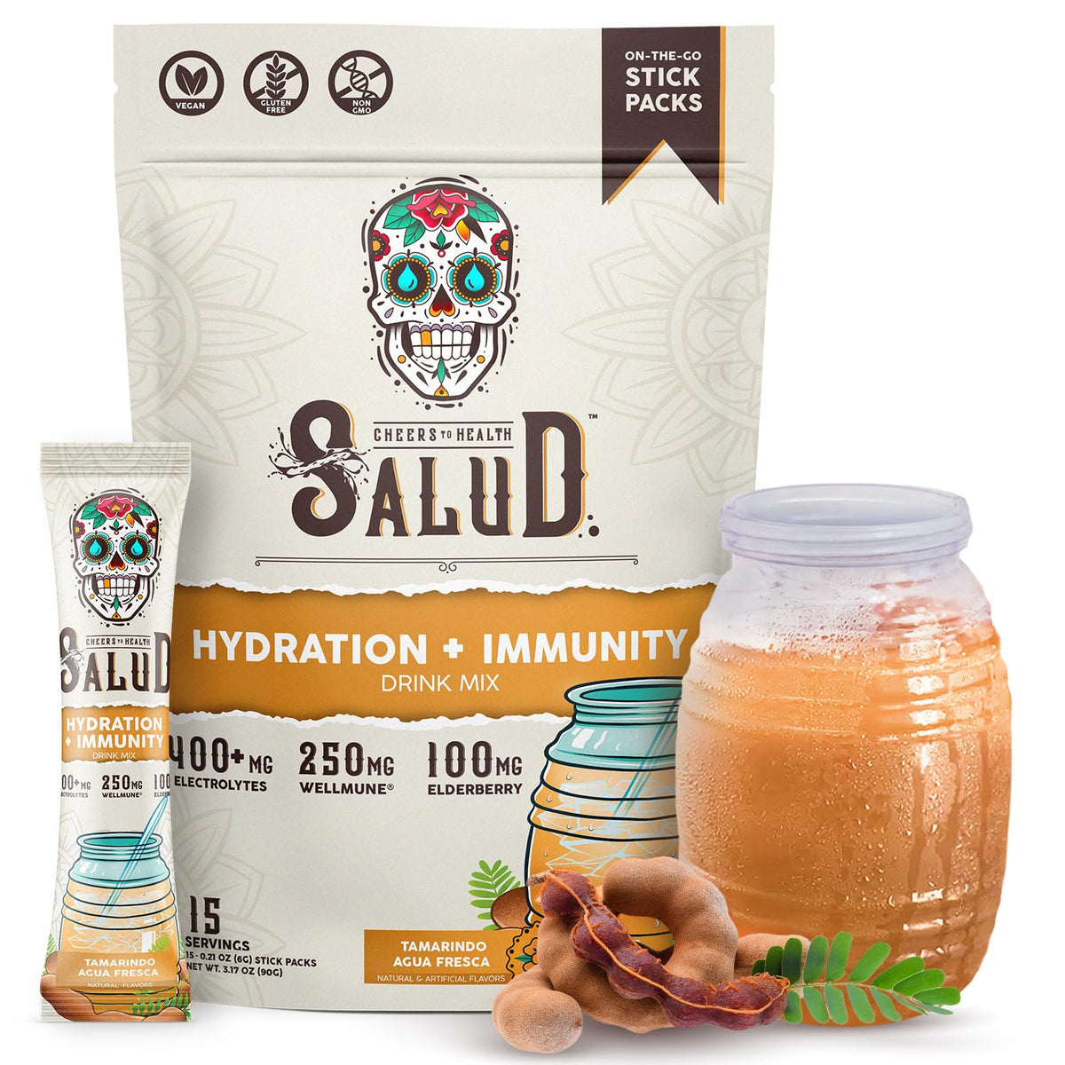 Taste Salud 2-in-1 hydration packets tamarindo agua fresca visual for refreshing hydration on the go.