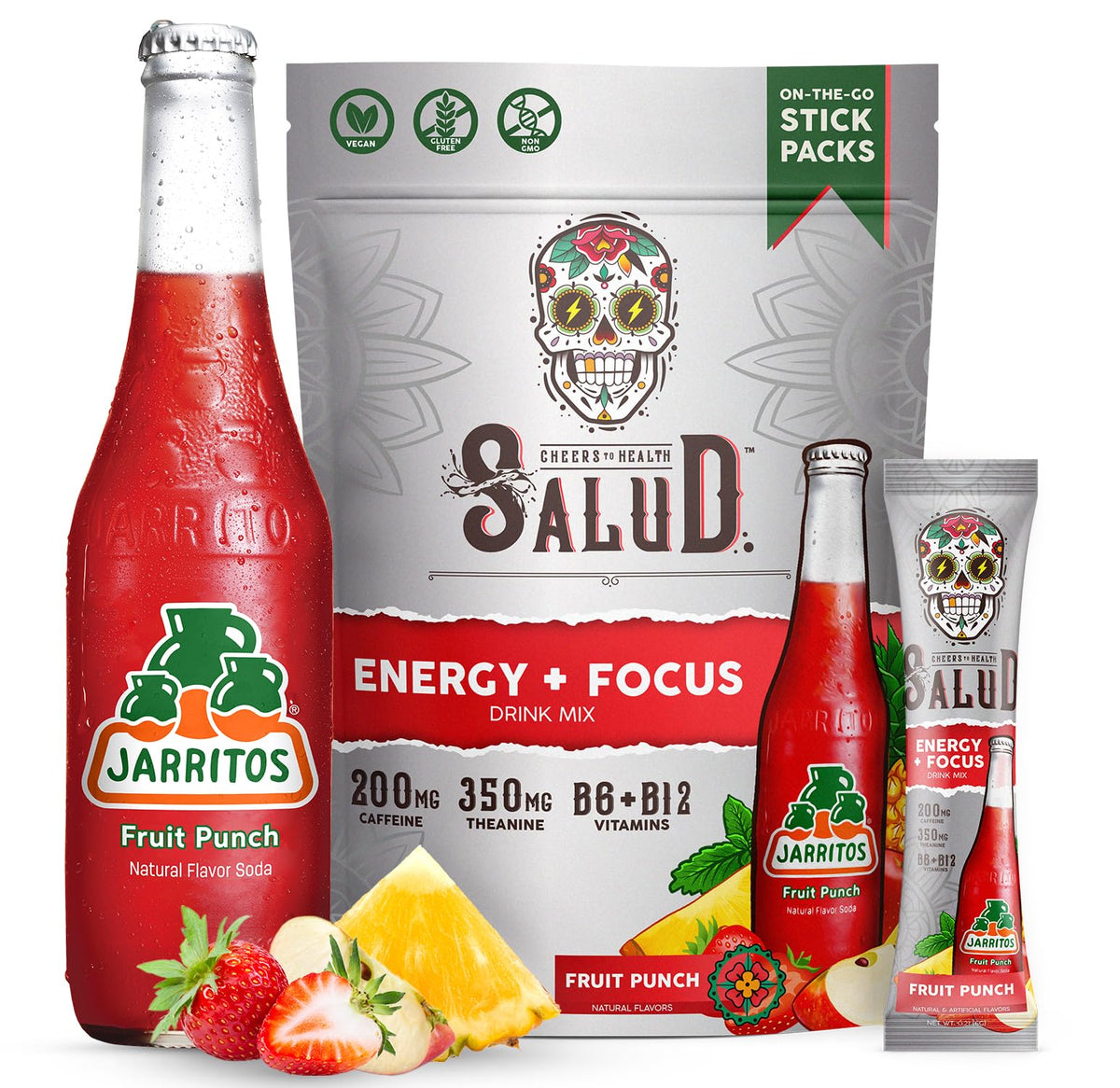 Taste Salud Jarritos 2-in-1 energy drink powder in fruit punch dissolving into water, refreshing result