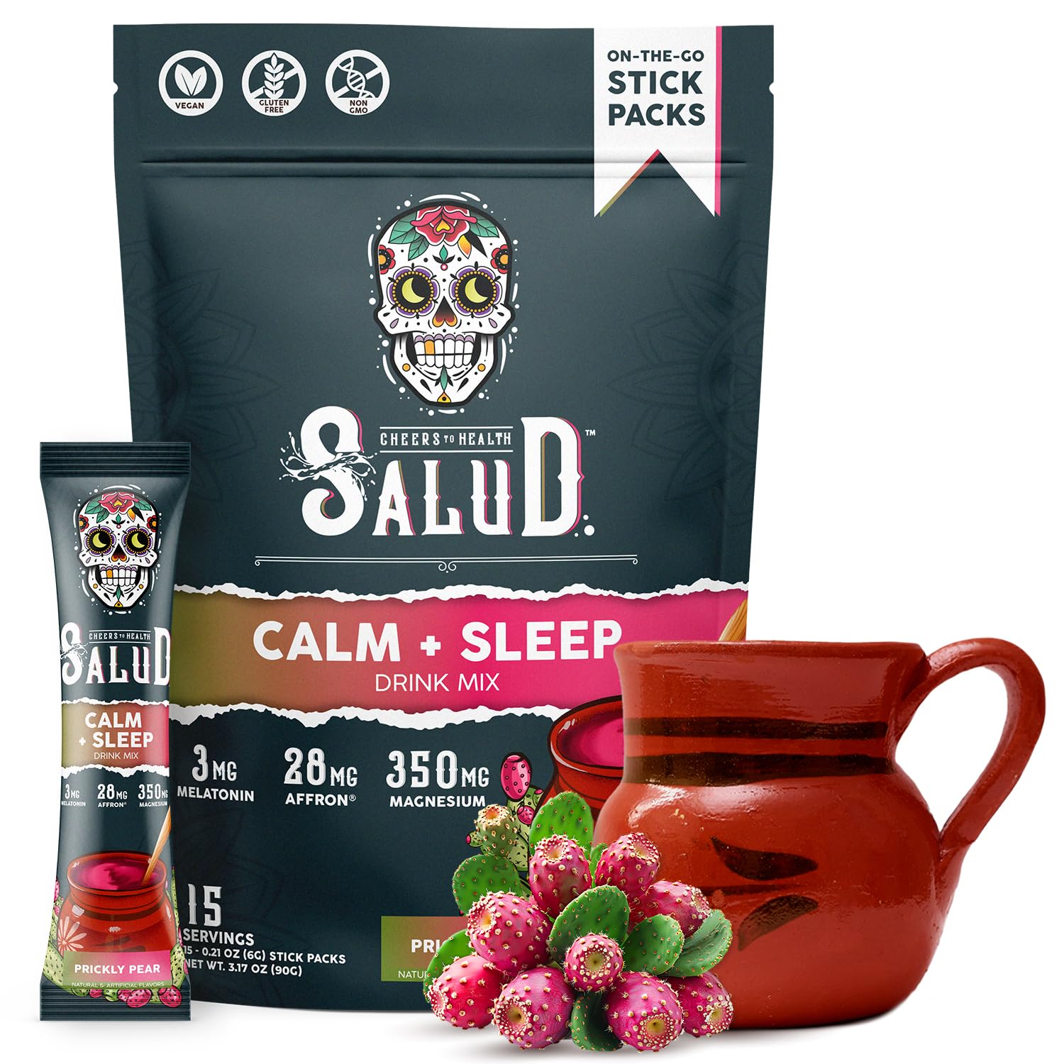 Taste Salud Sleep Calm stick in prickly pear flavor promotes relaxation before bed.