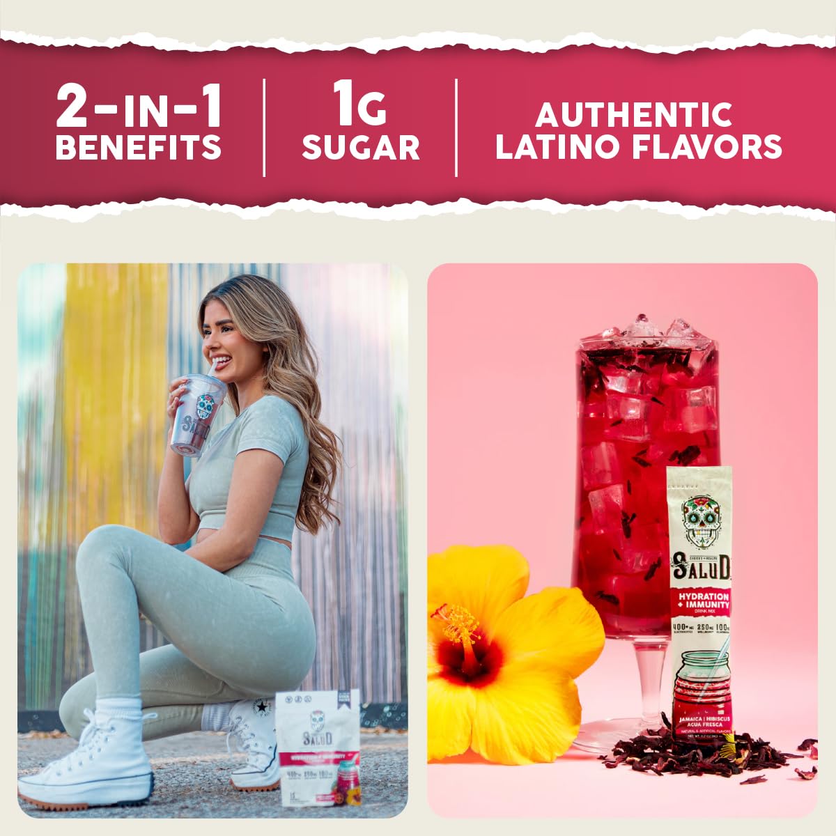 Taste Salud stick packs close-up show portable hydration for workouts and busy days.