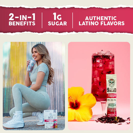 Taste Salud stick packs close-up show portable hydration for workouts and busy days.