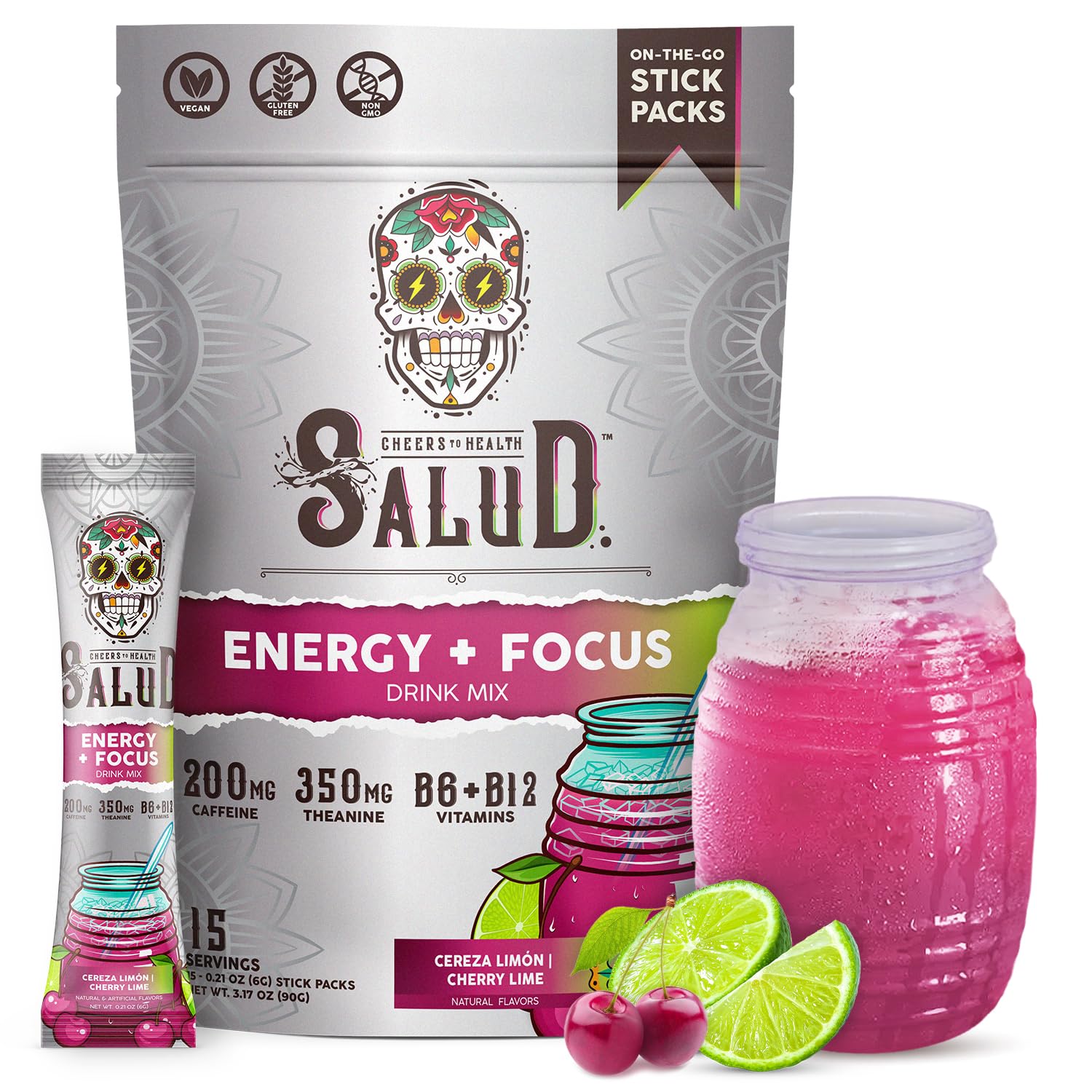Taste Salud two-in-one energy drink powder stick, cherry lime, ideal for on-the-go focus