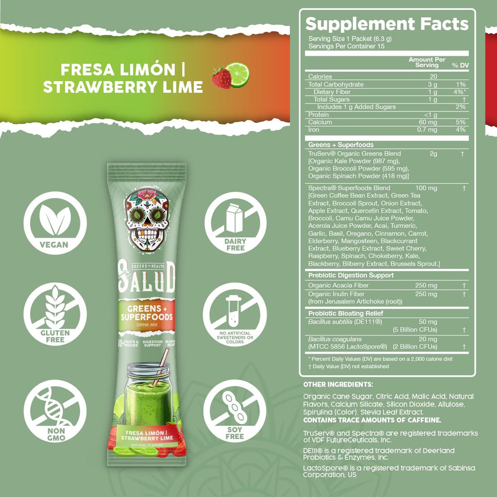 Taste Salud stick pack pour demonstrates easy mixing for bloating relief and daily energy.