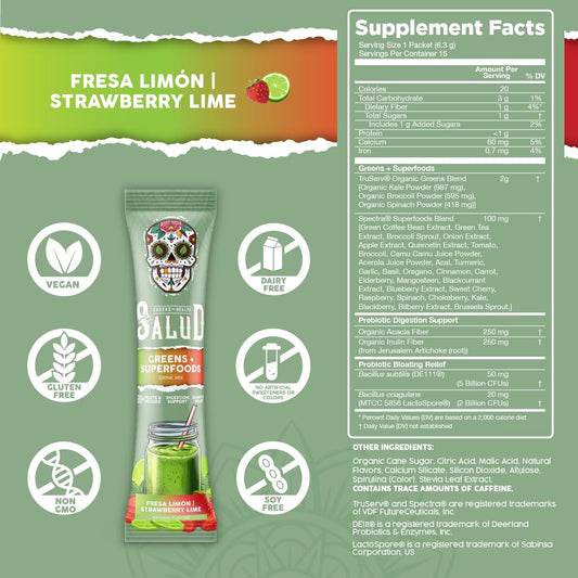 Taste Salud stick pack pour demonstrates easy mixing for bloating relief and daily energy.