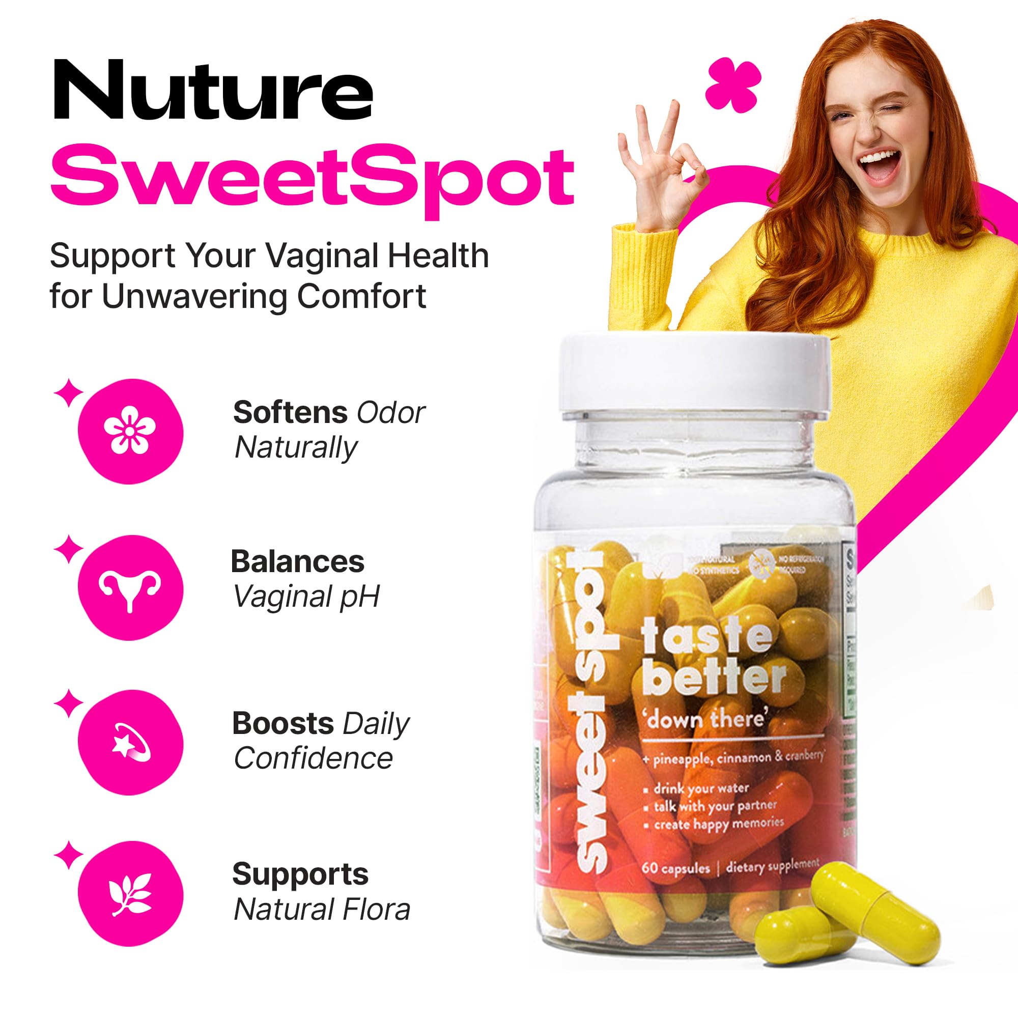 Taste The Sweet Spot capsule close-up highlighting plant based, sugar free formula for easy daily use