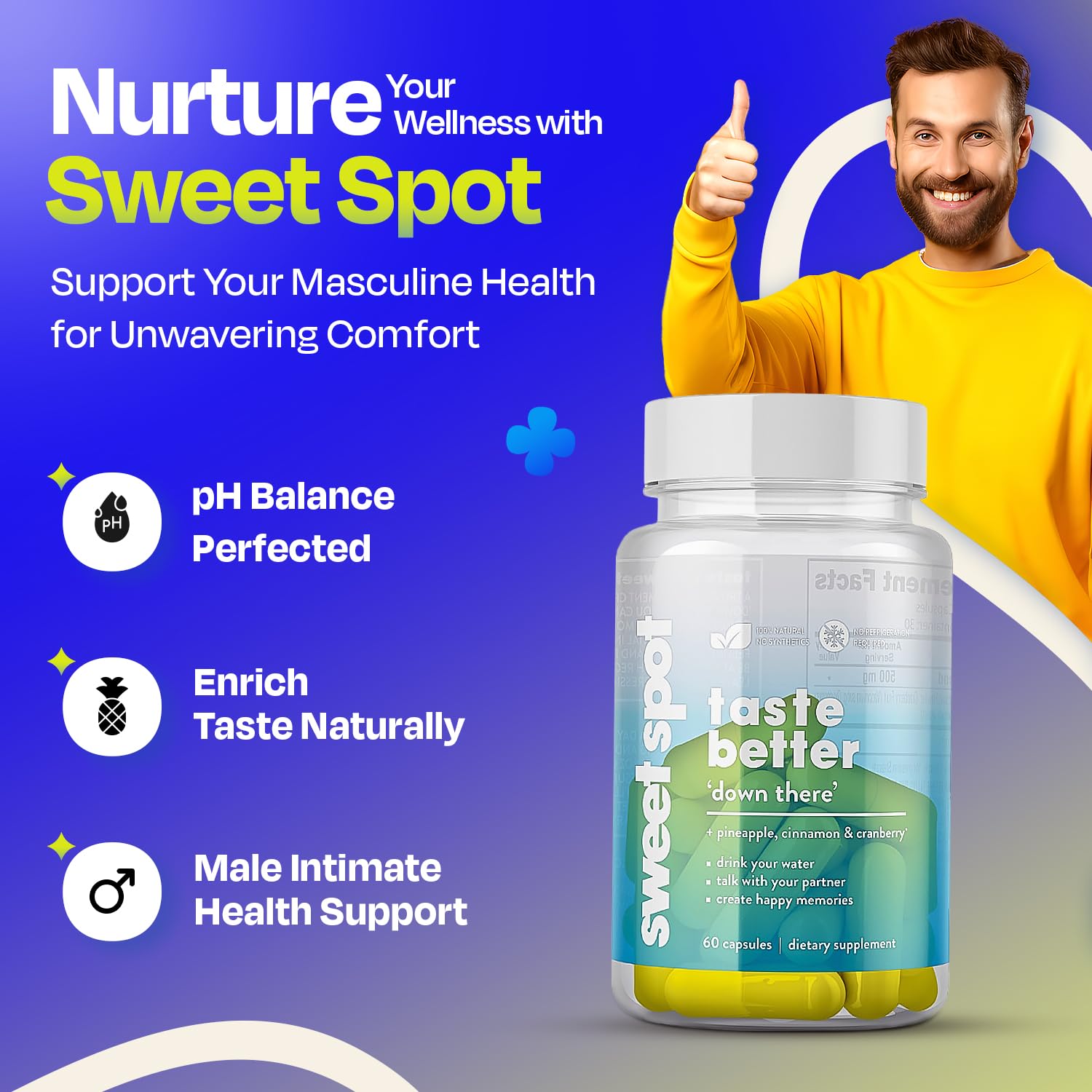 Taste the Sweet Spot Pineapple Probiotics capsules shown for simple twice-daily use.