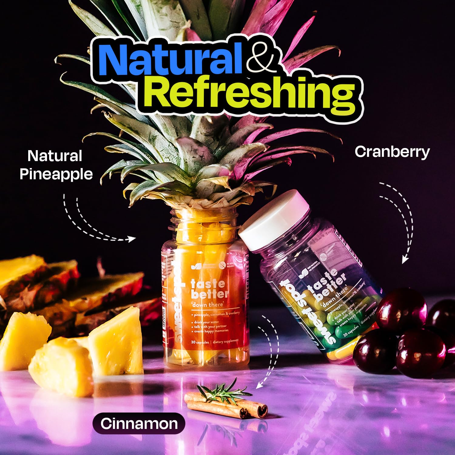 Taste the Sweet Spot Pineapple Probiotics pineapple image highlights natural flavor.