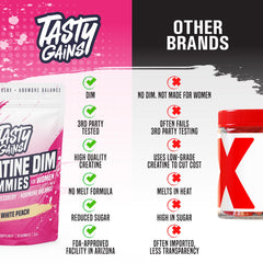 TASTY GAINS active women gummies vibrant packaging highlighting clean ingredients