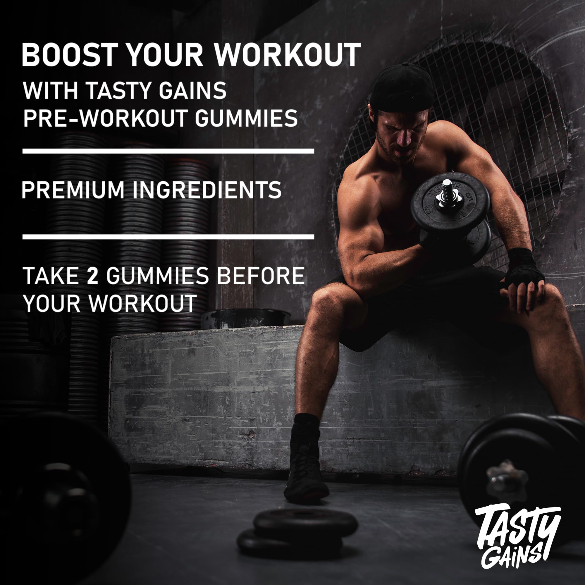 TASTY GAINS amber bottle packaging for premium preworkout gummies.