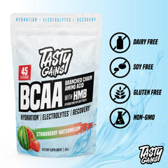 TASTY GAINS amino energy powder label closeup highlights ingredients.