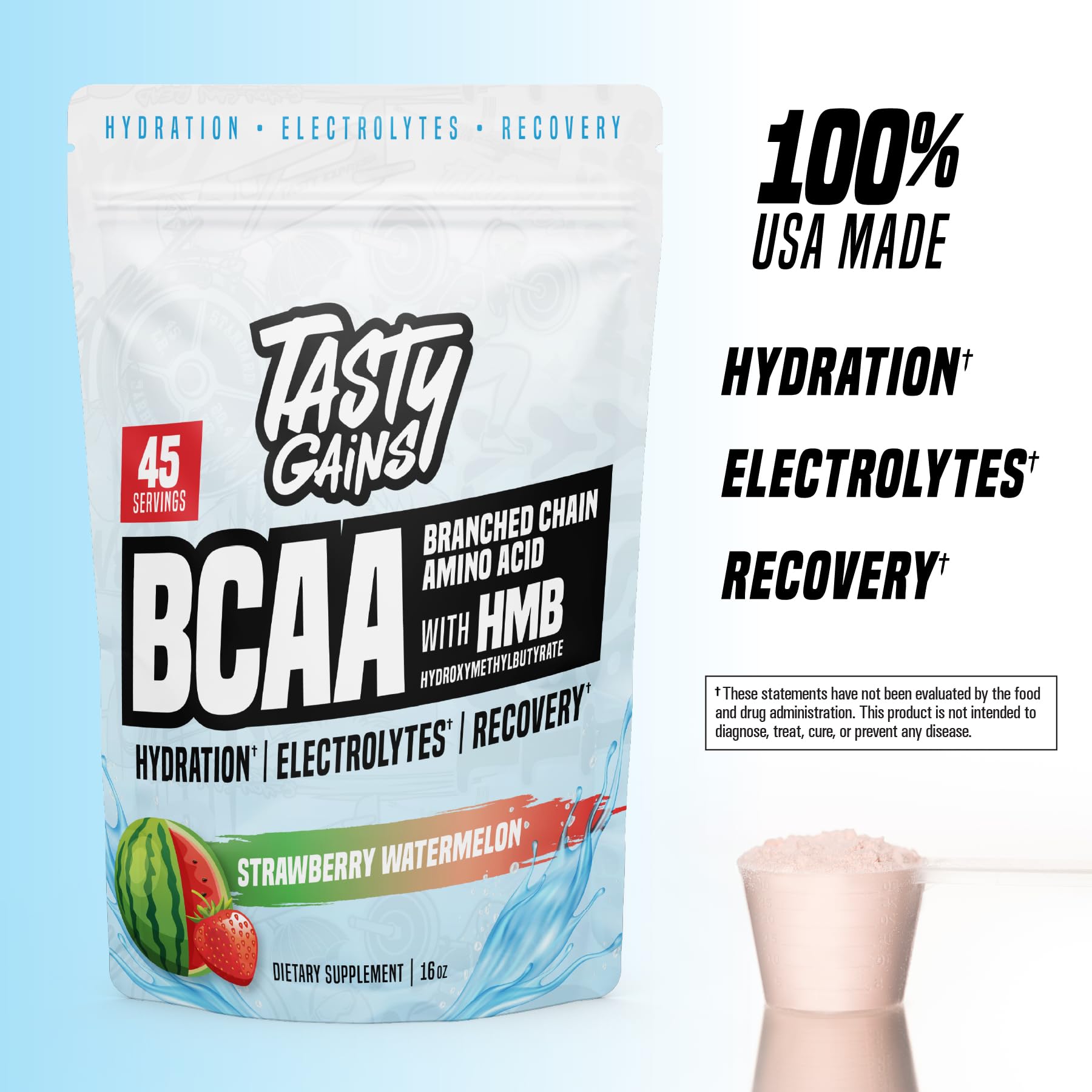 TASTY GAINS amino energy powder shaker demonstrates a sustained energy mix.