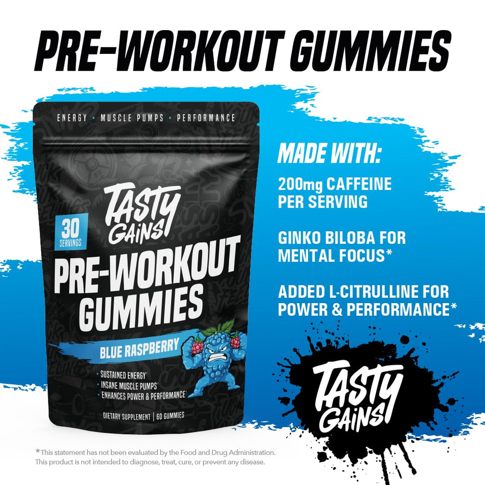 TASTY GAINS caffeine gummies close-up highlighting energy-boosting formula.