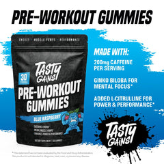 TASTY GAINS caffeine gummies close-up highlighting energy-boosting formula.