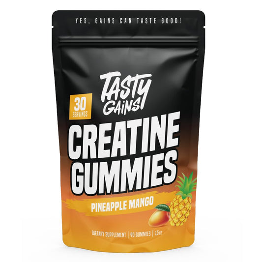 TASTY GAINS Creatine Gummies front view shows a convenient post-workout option