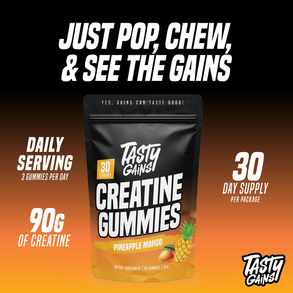 TASTY GAINS Creatine Gummies side view emphasizes a chewable, tasty alternative to powders