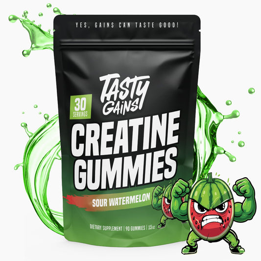 TASTY GAINS Creatine Gummies bottle back with nutrition details for dosing.