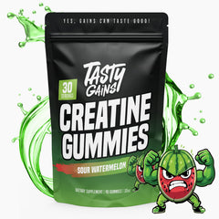 TASTY GAINS Creatine Gummies bottle back with nutrition details for dosing.