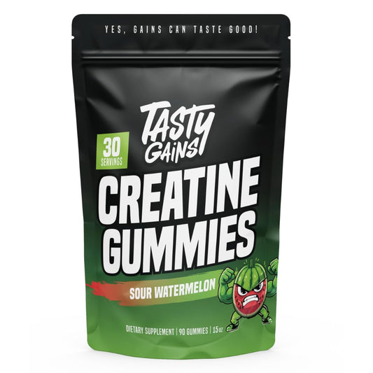 TASTY GAINS Creatine Gummies bottle front for convenient daily supplementation.