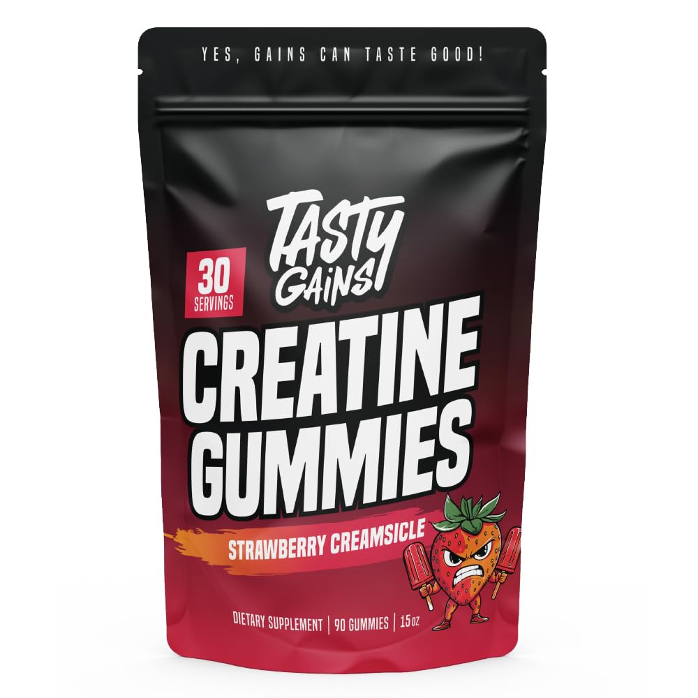 TASTY GAINS Creatine Gummies bottle for convenient daily workouts