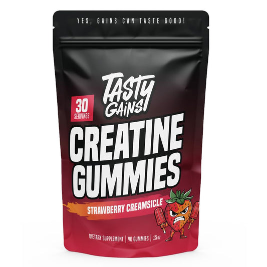 TASTY GAINS Creatine Gummies bottle for convenient daily workouts
