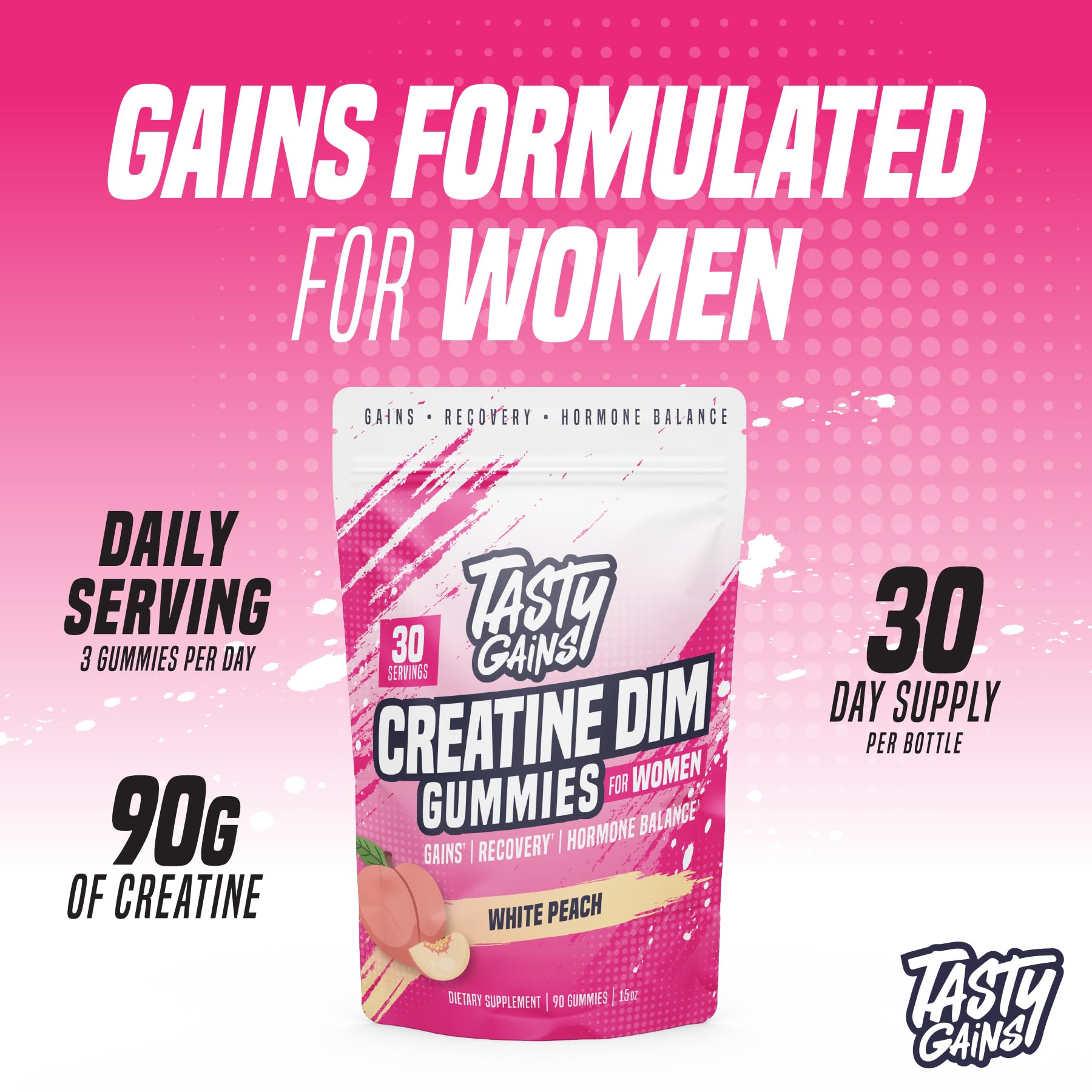 TASTY GAINS Creatine Gummies Pineapple Mango closeup, chewy texture for workouts.