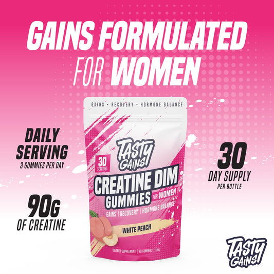 TASTY GAINS Creatine Gummies Pineapple Mango closeup, chewy texture for workouts.
