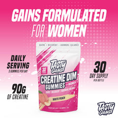 TASTY GAINS Creatine Gummies Pineapple Mango closeup, chewy texture for workouts.