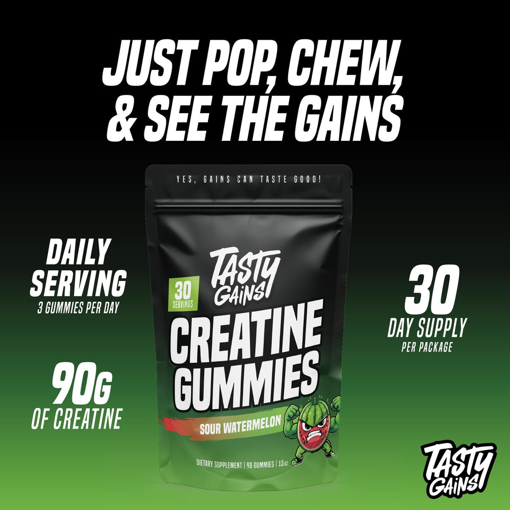 TASTY GAINS Creatine Gummies close-up showing glossy texture and flavor.
