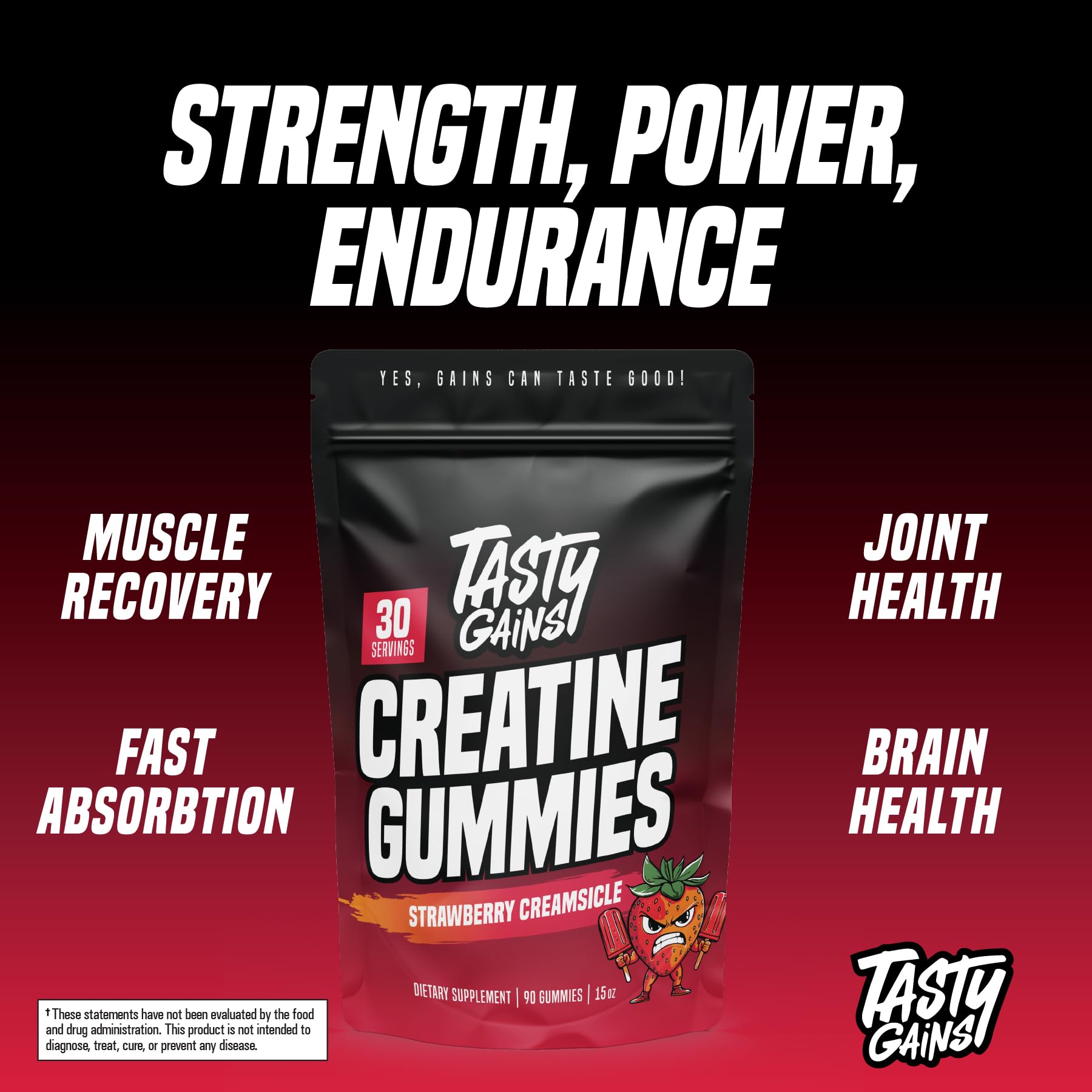 TASTY GAINS daily-use gummies shown with at-home gym routine