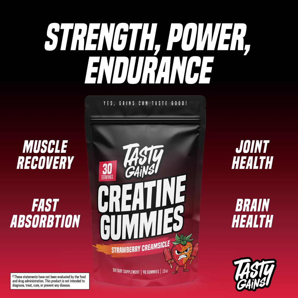 TASTY GAINS daily-use gummies shown with at-home gym routine