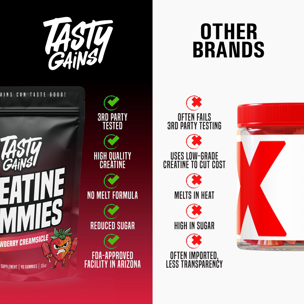TASTY GAINS strawberry cream gummy closeup showcases flavor and enjoyment