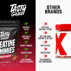 TASTY GAINS strawberry cream gummy closeup showcases flavor and enjoyment
