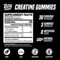 TASTY GAINS Creatine Gummies ingredients view confirms vegan, non-GMO formulation