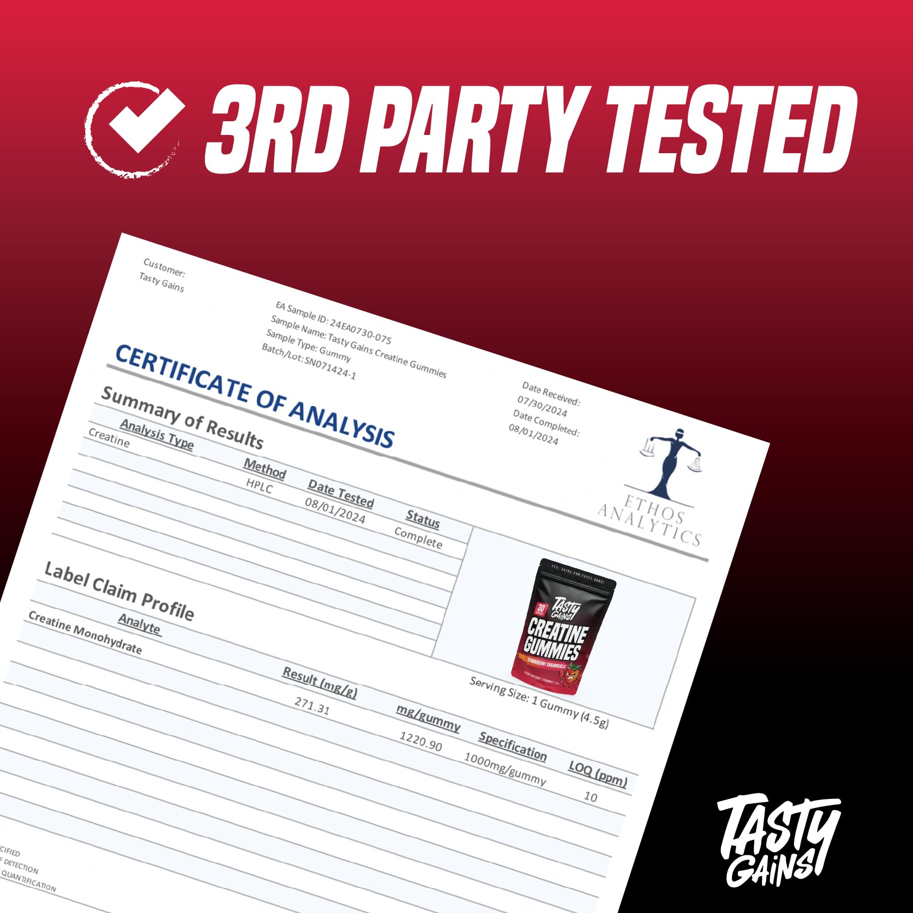 TASTY GAINS label closeup reveals strawberry creamsicle flavor