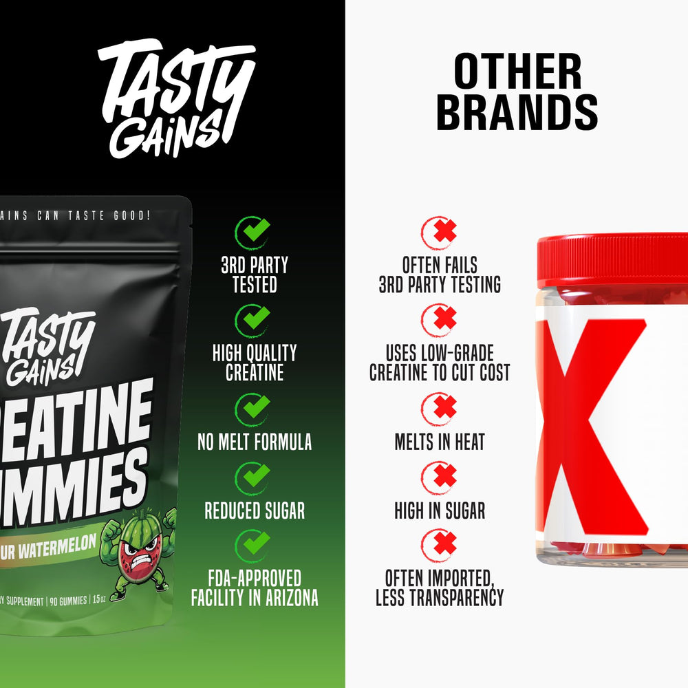 TASTY GAINS Creatine Gummies packaging ready for travel and storage.