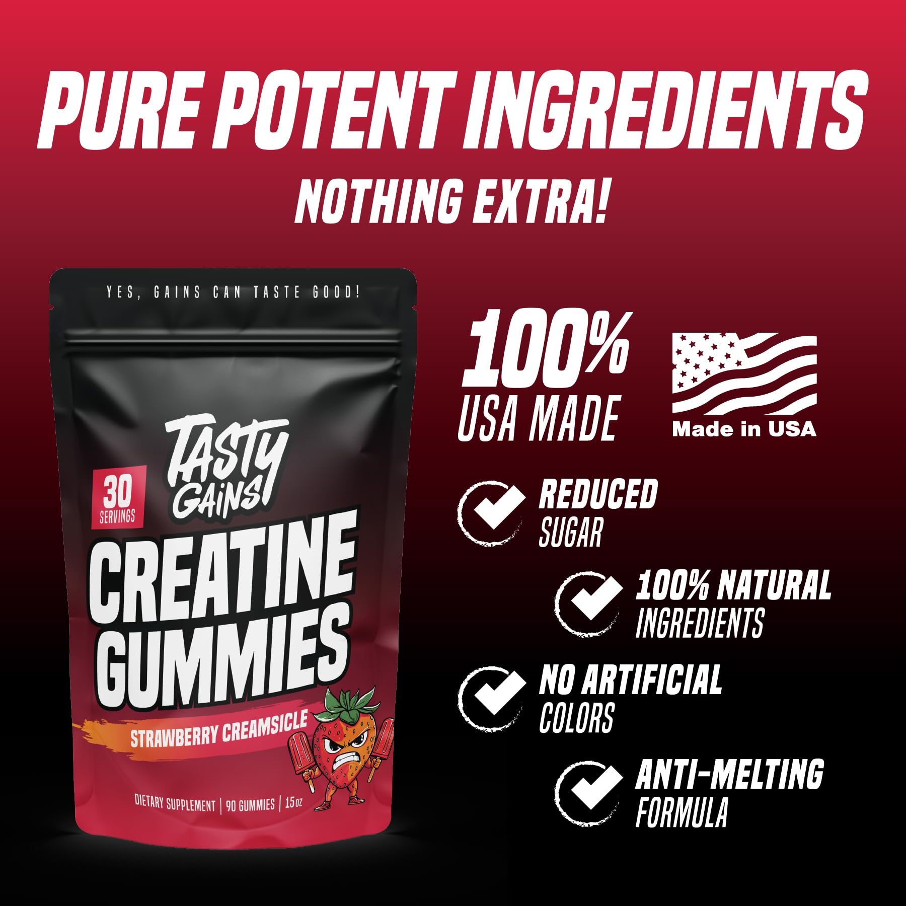 TASTY GAINS packaging highlights non-GMO USA-made formula