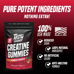 TASTY GAINS packaging highlights non-GMO USA-made formula