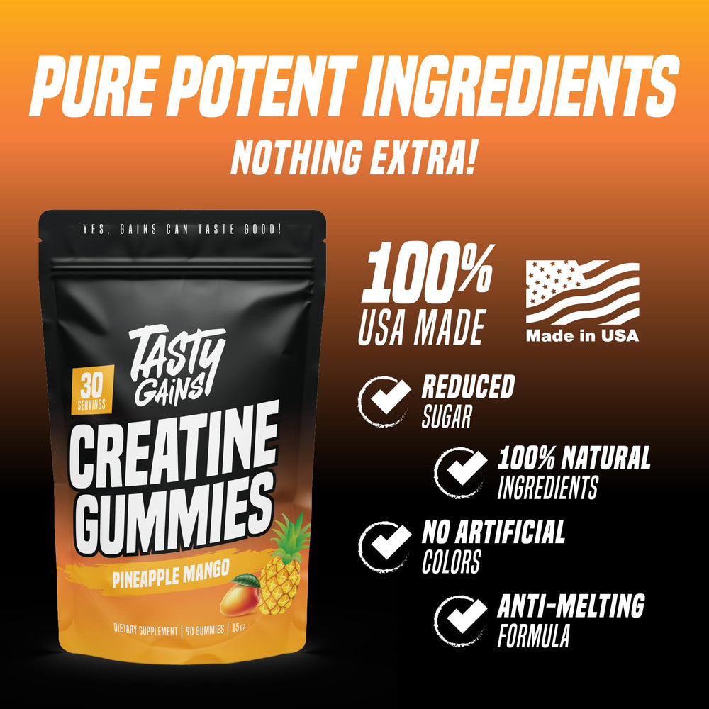 TASTY GAINS Creatine Gummies packshot Pineapple Mango highlights flavorful, sugar-conscious supplementation